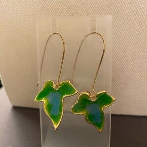 Green Leaf Enamel Drop Earrings - Gold Trim